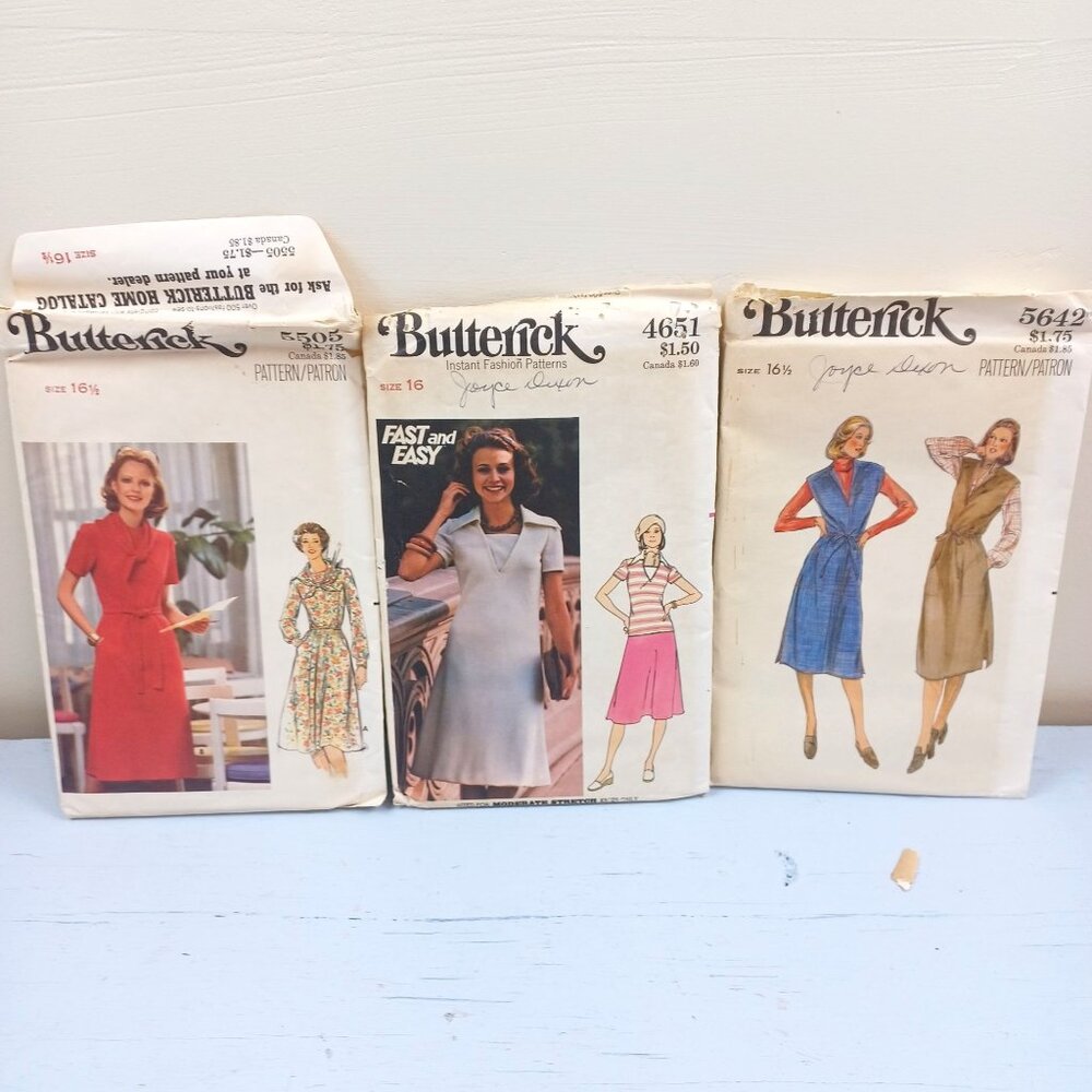 Vintage Butterick Sewing Patterns Lot Of 3 Dress Designs Sizes 16 & 16 1/2 1970s